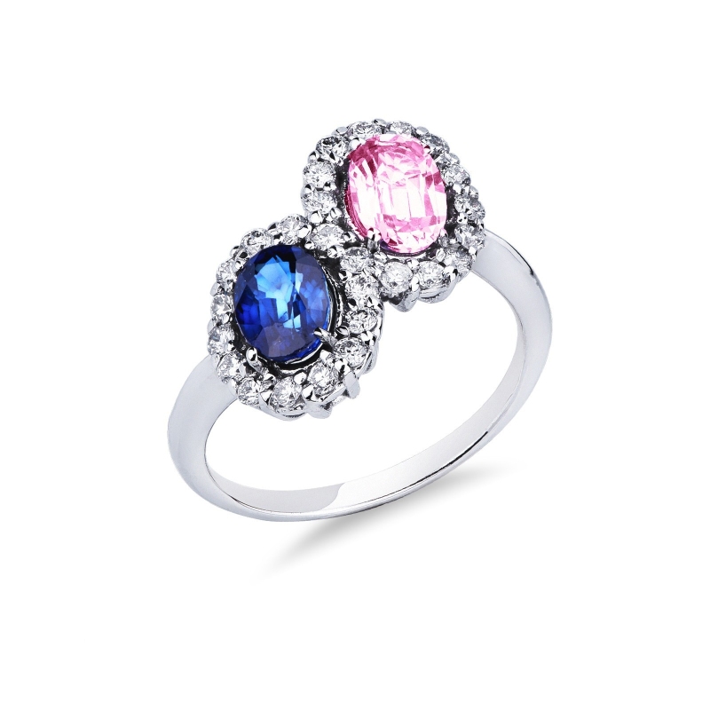 Bague halo en or blanc 18k avec saphirs rose et bleu