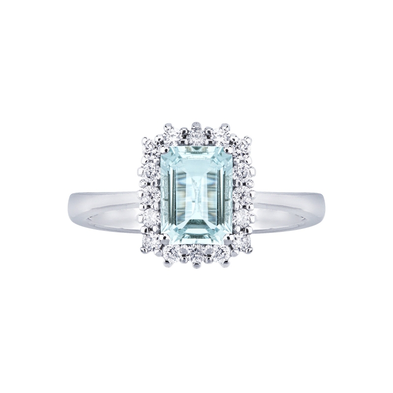 Bague halo en or blanc 18 carats avec aquamarine Bague halo en or blanc 18 carats avec aquamarine