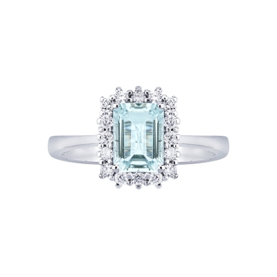 Bague halo en or blanc 18 carats avec aquamarine