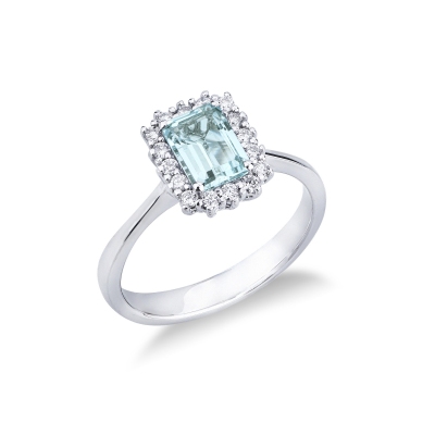 Bague halo en or blanc 18 carats avec aquamarine