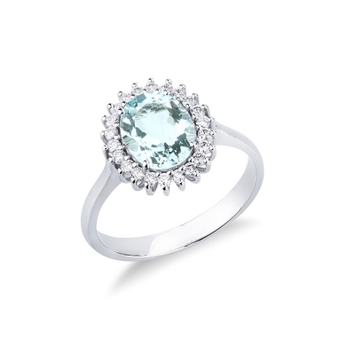 Bague en or blanc 18k ornée d’une aigue-marine ovale halo diamants