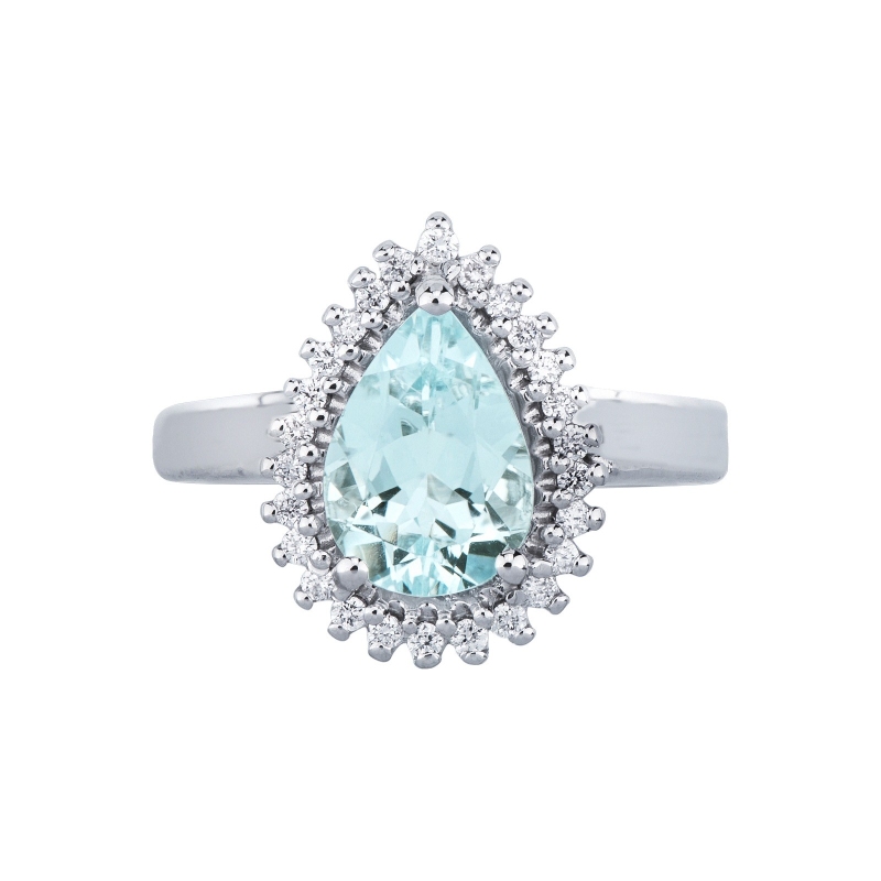 Bague en or blanc 18k avec une aquamarine goutte et 26 brillants  Bague en or blanc 18k avec une aquamarine goutte et 26 brillants