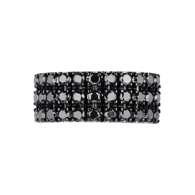 Bague bandeau en or blanc 18 carats avec 3 rangées de diamants noirs et pointes brunies