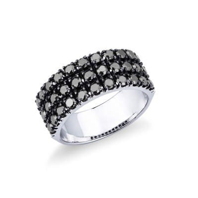 Bague bandeau en or blanc 18 carats avec 3 rangées de diamants noirs et pointes brunies