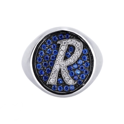 Bague pavé en or blanc 18 carats avec diamants et saphirs bleus