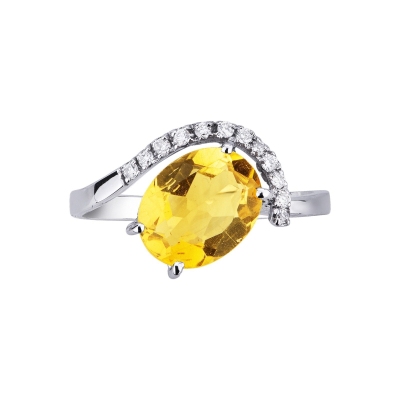 Bague or blanc 18k avec citrine oval et diamants