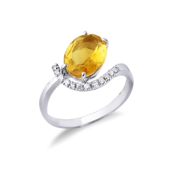 Bague or blanc 18k avec citrine oval et diamants