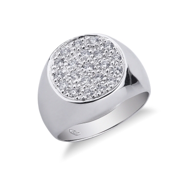 Chevalière en or blanc 18k  ronde avec pavé de diamants 