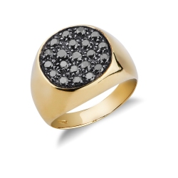 Bague homme pavé en or jaune 750 avec diamants noirs