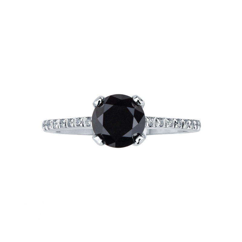 Bague solitaire en or blanc 18k avec diamant noir et diamants blancs Bague solitaire en or blanc 18k avec diamant noir et diamants blancs