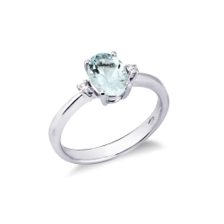 Bague pour femme en or blanc 18k avec aigue-marine ovale et diamants