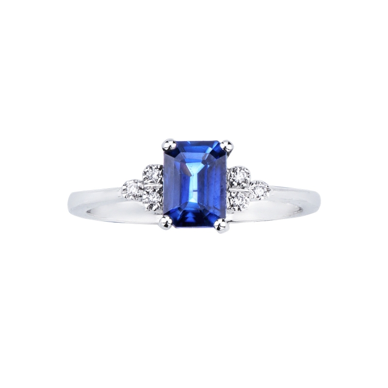 Bague femme or blanc 18k avec saphir bleu ovale et diamants