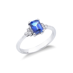 Bague femme or blanc 18k avec saphir bleu ovale et diamants