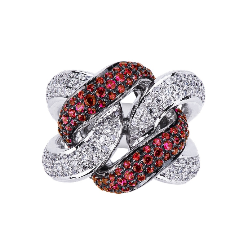 Bague nœud gourmette Or Blanc 18k avec diamants et rubis