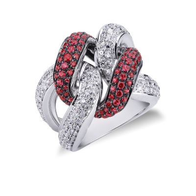 Bague nœud gourmette Or Blanc 18k avec diamants et rubis