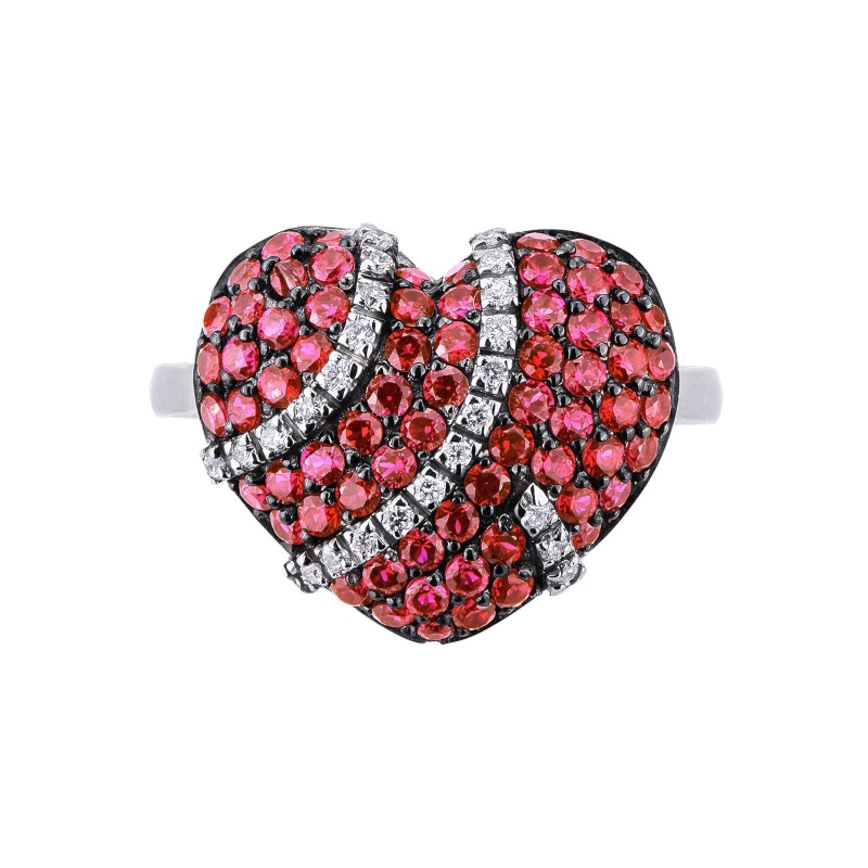 Bague avec cœur pavé de rubis et de diamants en or 18k Bague avec cœur pavé de rubis et de diamants en or 18k