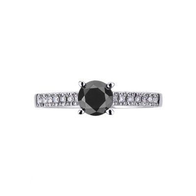 Bague en Or Blanc 18k avec Diamant Noir et Diamants Latéraux