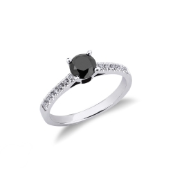 Bague en Or Blanc 18k avec Diamant Noir et Diamants Latéraux