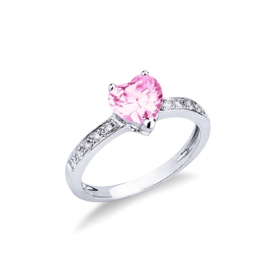 Bague en or blanc 18k avec un saphir rose en forme de cœur et des diamants sur la monture