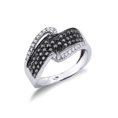 Bague en or blanc 18 carats avec pavé de diamants noirs et double rangée de diamants blancs