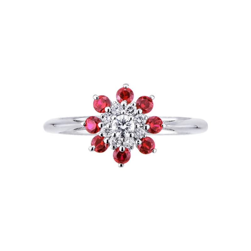 Bague fleur en or blanc 18k avec diamants et rubis