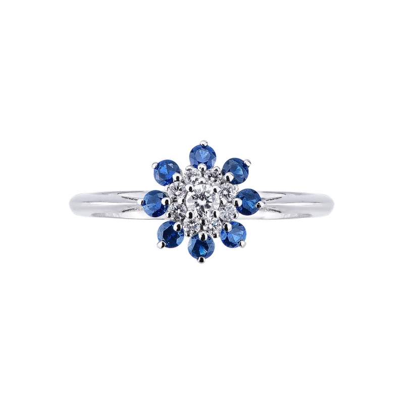 Bague fleur Or Blanc 18k avec Diamants et Saphirs Bleus
