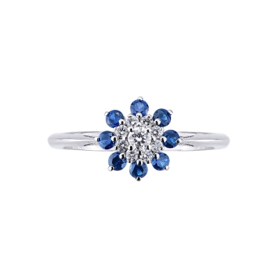 Bague fleur Or Blanc 18k avec Diamants et Saphirs Bleus
