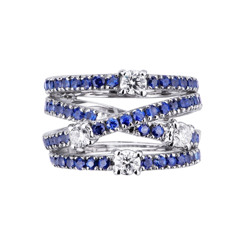 Bague bandeau en or blanc 18k avec saphirs bleus et diamants croisés Bague bandeau en or blanc 18k avec saphirs bleus et diamants croisés