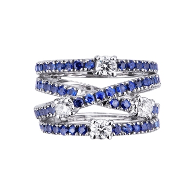 Bague bandeau en or blanc 18k avec saphirs bleus et diamants croisés