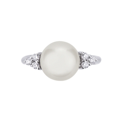 Bague en or blanc 18 carats avec perle et 6 diamants