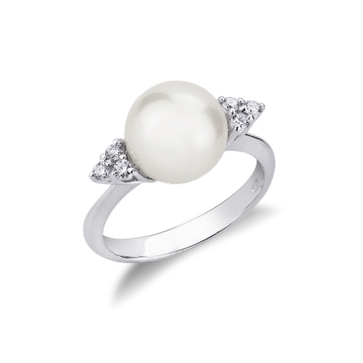 Bague en or blanc 18 carats avec perle et 6 diamants