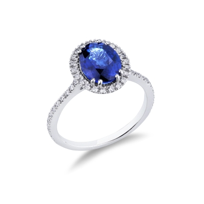 Bague en or blanc avec saphir bleu ovale et diamants
