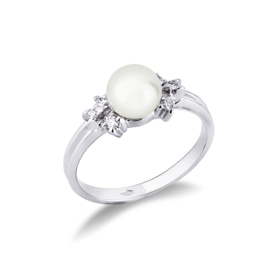 Bague en or blanc 18k avec perle et diamants
