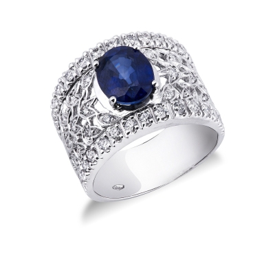 Bague bandeau en or blanc 18k avec saphir bleu et diamants