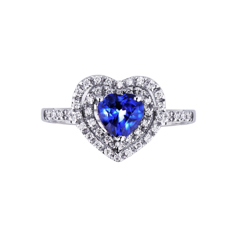 Bague coeur halo en or blanc 18 carats et saphir bleu  Bague coeur halo en or blanc 18 carats et saphir bleu