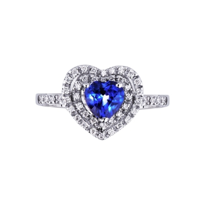 Bague coeur halo en or blanc 18 carats et saphir bleu 