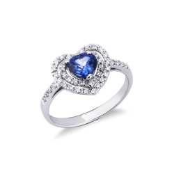 Bague coeur halo en or blanc 18 carats et saphir bleu