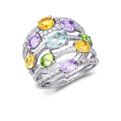 Bague bandeau en or 18ct avec péridot, citrine, améthyste, aigue-marine et diamants