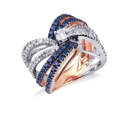 Bague jonc en or blanc et rose avec diamants et saphirs