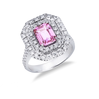 Bague en or blanc 18k avec saphir rose rectangulaire et diamants