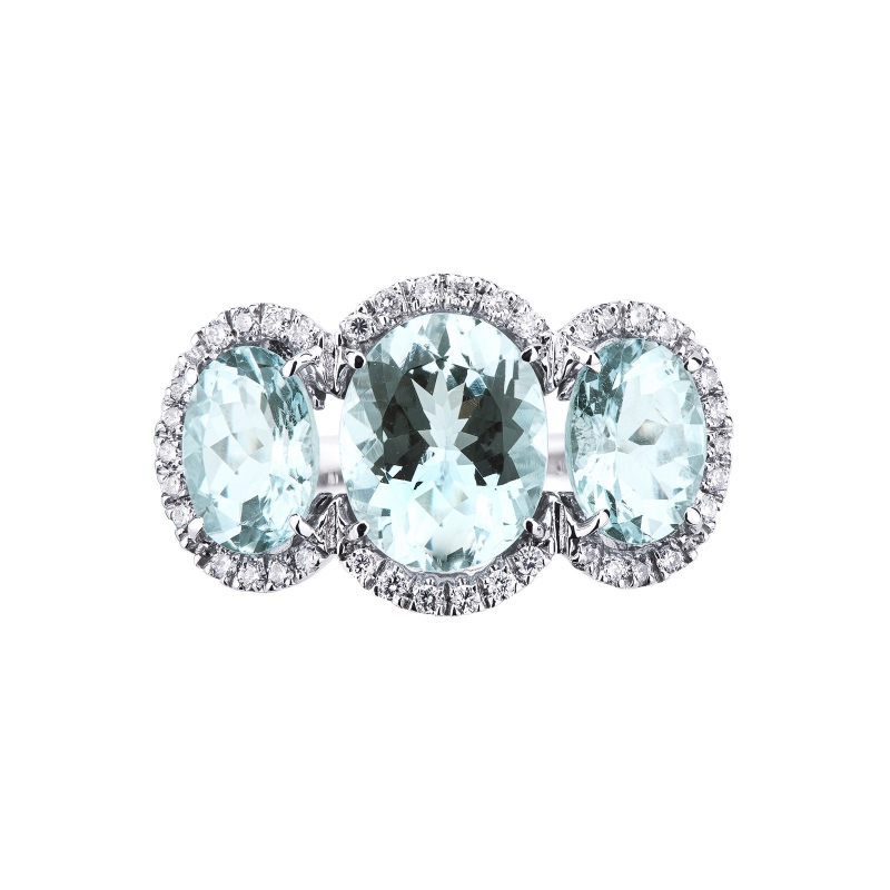 Bague en or blanc 18k avec trois aigue-marines et diamants