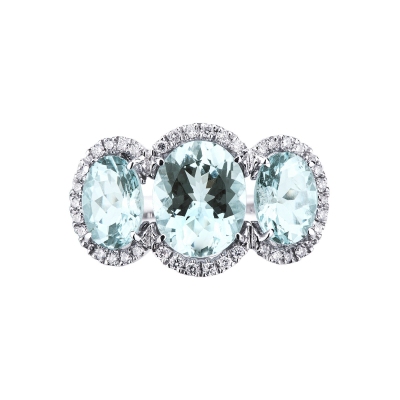 Bague en or blanc 18k avec trois aigue-marines et diamants