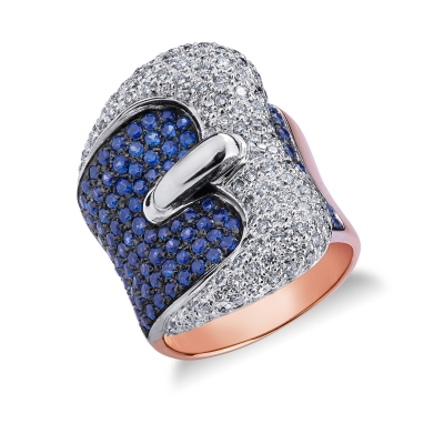 Bague en Or Blanc et Rose 18k avec diamants et saphirs bleus