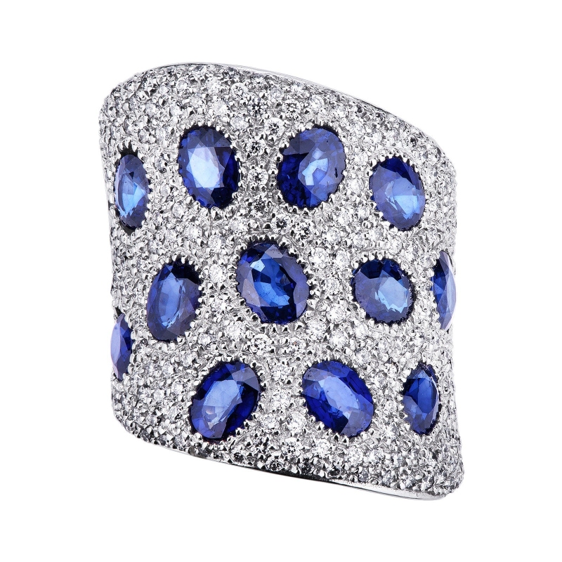 Bague pavé en or blanc 18k saphirs bleus et pavé de diamants Bague pavé en or blanc 18k saphirs bleus et pavé de diamants
