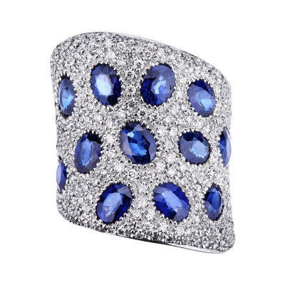 Bague pavé en or blanc 18k saphirs bleus et pavé de diamants