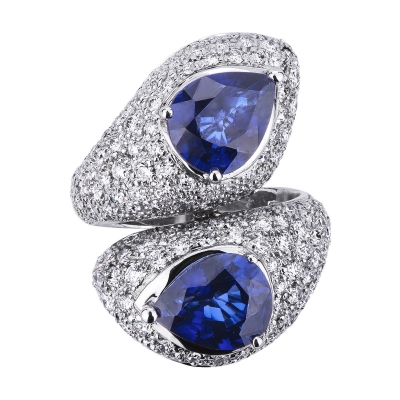 Bague Toi et Moi en Or Blanc 18k avec Saphirs Bleus et pavé Diamants