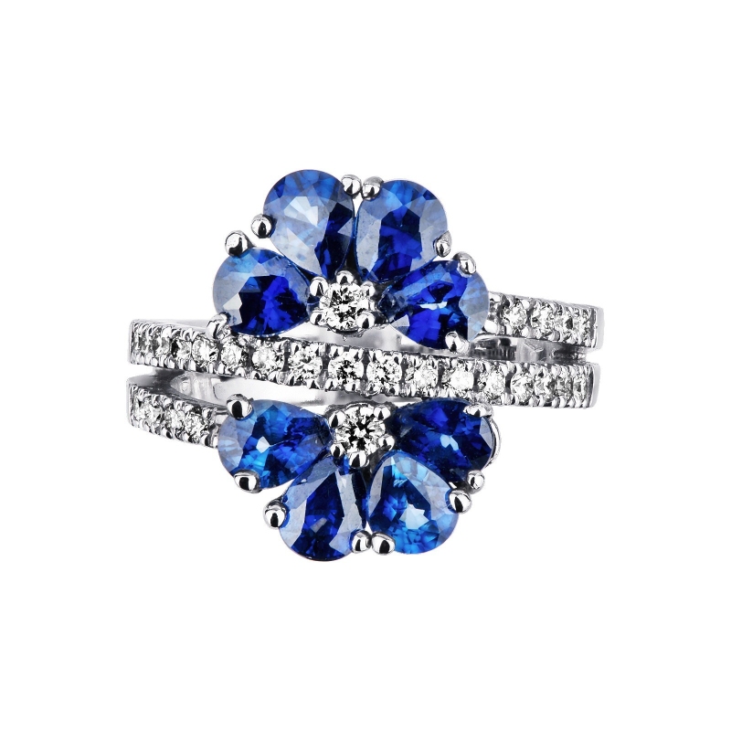 Bague en or blanc?18k avec saphirs bleus et diamants effet pétales