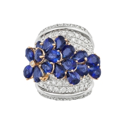 Bague fleurs femme large en or blanc 18k ornée de saphirs 2