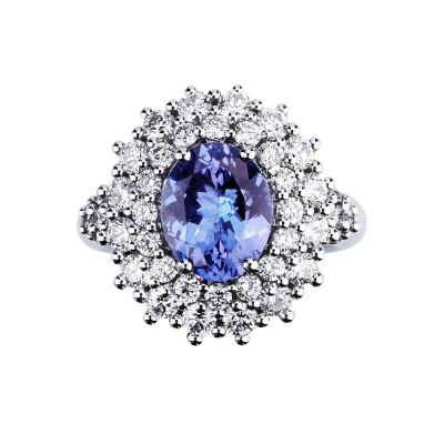 Bague halo en or blanc 18k avec tanzanite ovale 