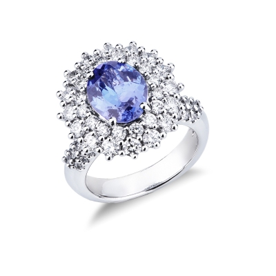 Bague halo en or blanc 18k avec tanzanite ovale 